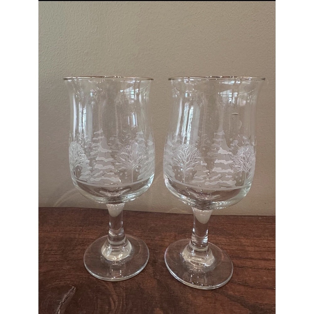 Set of 2 VINTAGE Libbey Arby's Winter Wonderland wine glasses w/raised etching